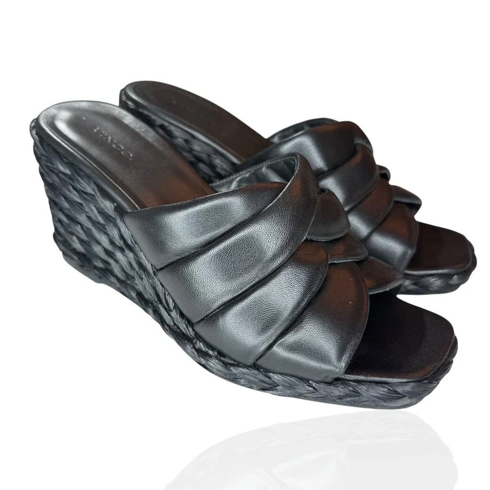 Vince Camuto Lauren Beverlin Poppy Black Leather High Wedge Slip On Sandal 9M US